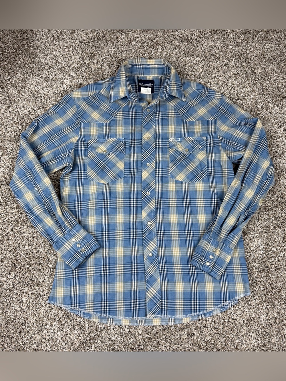 Sz Medium Men’s Wrangler Western Pearl Snap Long Sleeve Shirt Blue Plaid